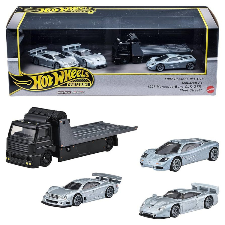 هات ویلز مدل ست پک دیوراما مرسدس بنز clk-gtr پورشه 911 gt1 مکلارن f1 به همراه کامیون حمل خودرو نسخه پرمیوم - راشل مدل